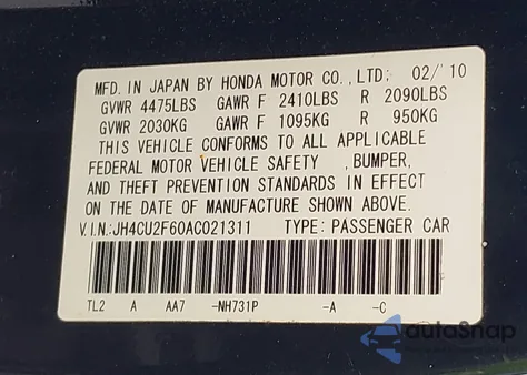 2010 Acura Tsx 2.4/2.4 (A5) from USA, damaged, VIN JH4CU2F60AC021311